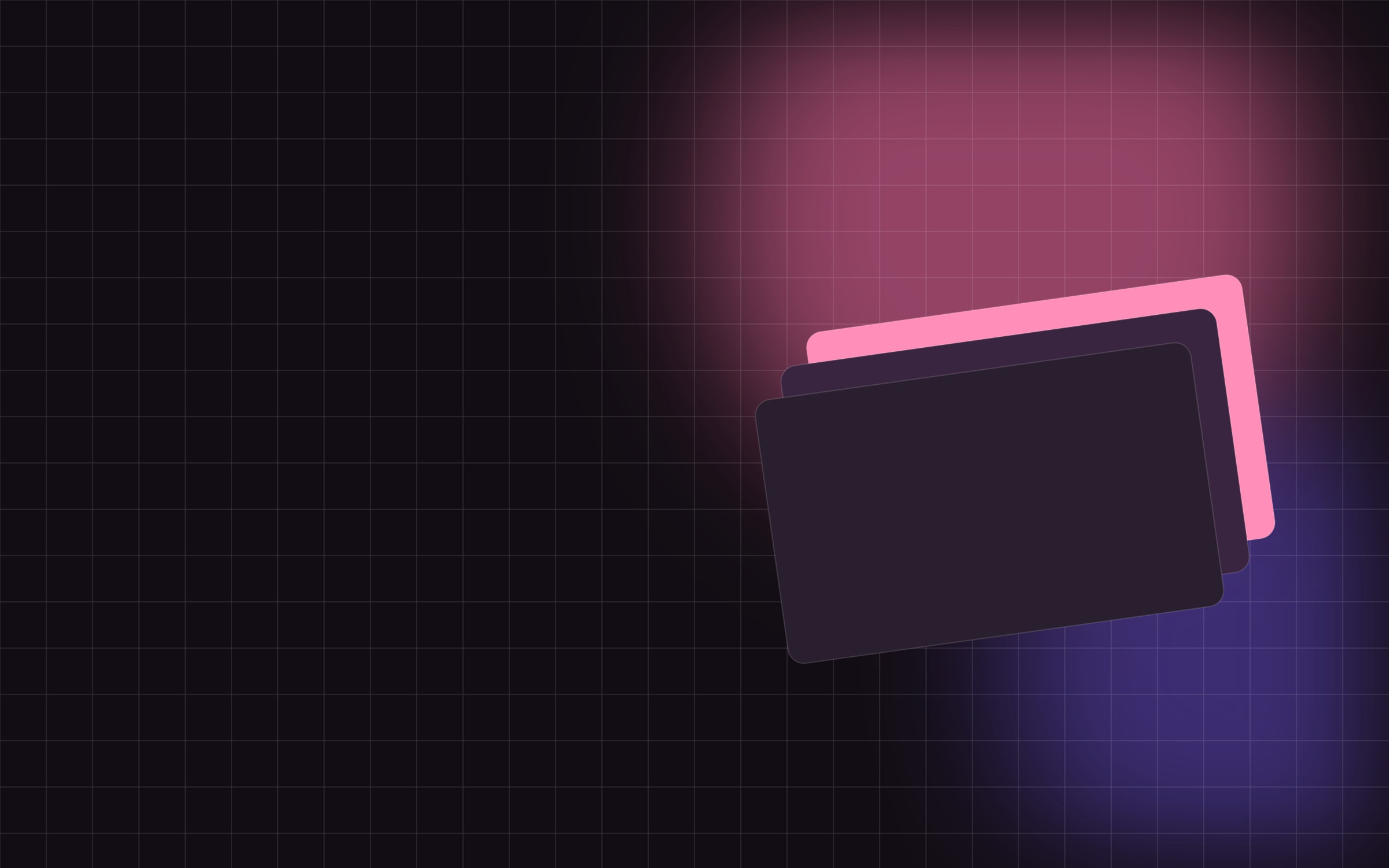 Three cards stacked at an angle under a pink glow
